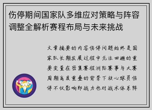伤停期间国家队多维应对策略与阵容调整全解析赛程布局与未来挑战 伤停期间国家队多维应对策略与阵容调整全解析赛程布局与未来挑战